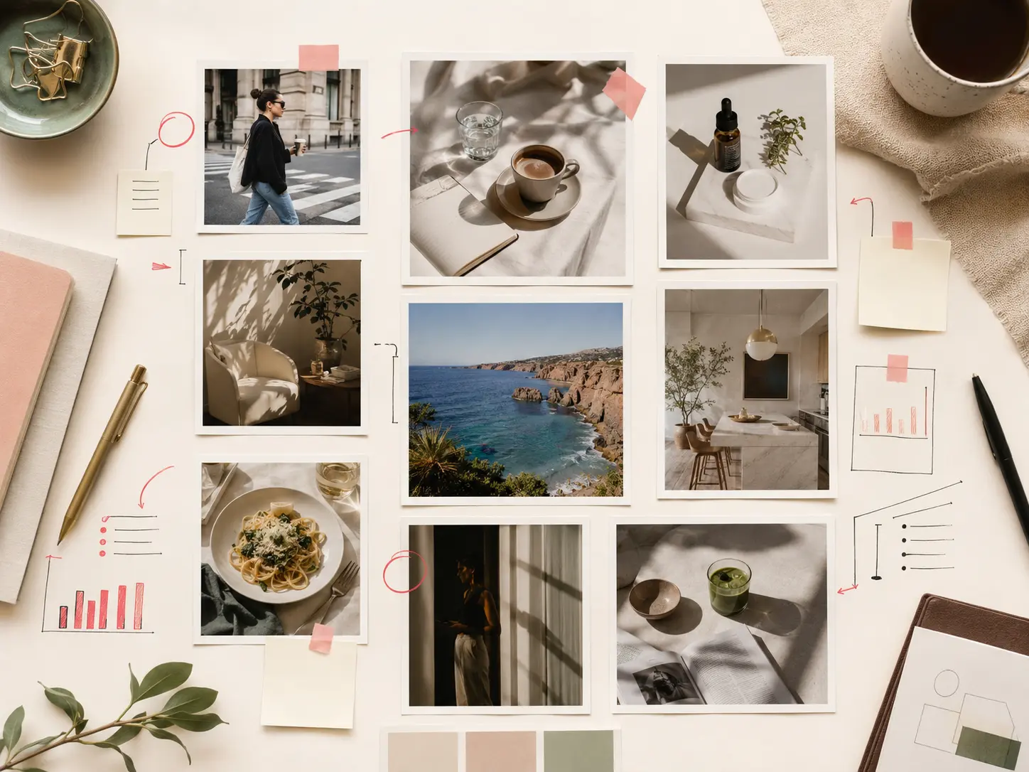 Editorial Instagram content research board with LuNote content analysis interface