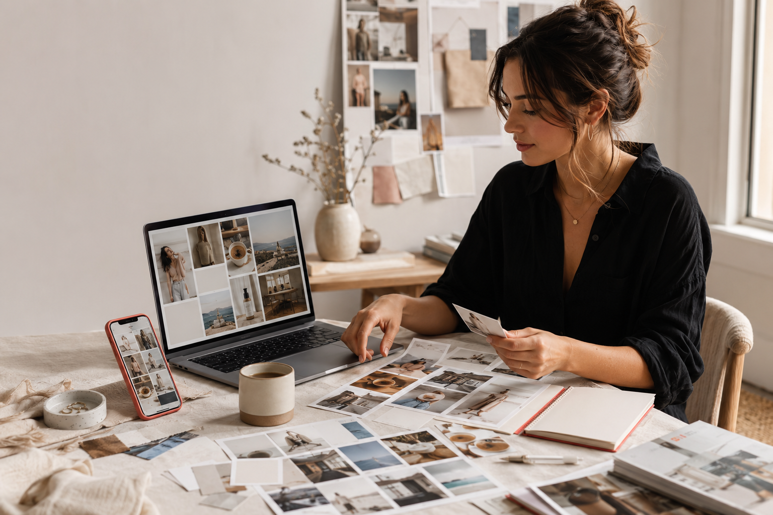 Creator reviewing content drafts and references at a desk